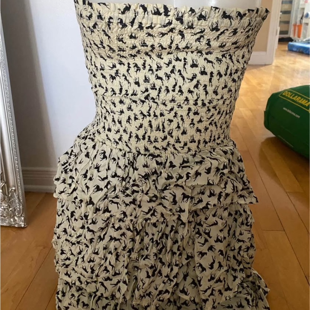 Smocked Strapless Ruffle Dress in Cream with Black Print